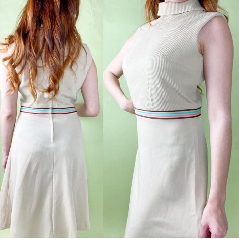 Vintage Bleeker Street 1960’s  Sleeveless Cream Dress with Striped Waist - Picture 2 of 9